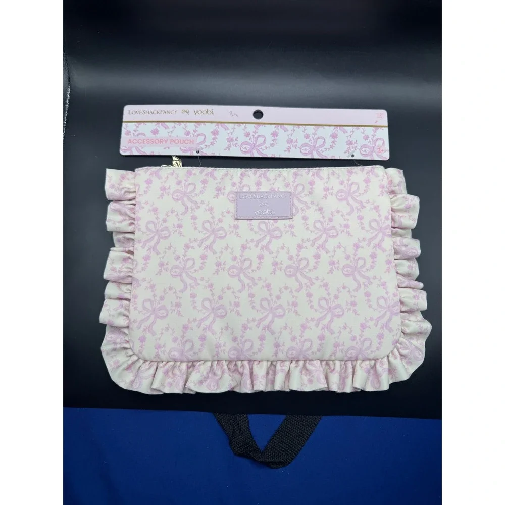 LoveShackFancy x Yoobi Accessory Pouch Pink Bow Floral Ruffle Makeup Bag NWT